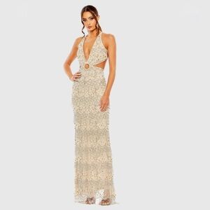 Mac Duggal Beige Open Back Cut Out Fringe Embellished Gown